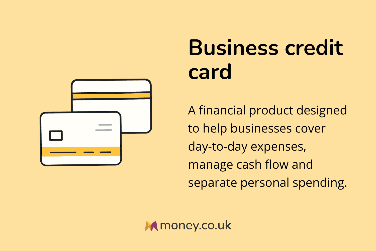 Infographic titled "Business credit card" with an illustration of two overlapping credit cards. Definition: "A financial product designed to help businesses cover day-to-day expenses, manage cash flow and separate personal spending."