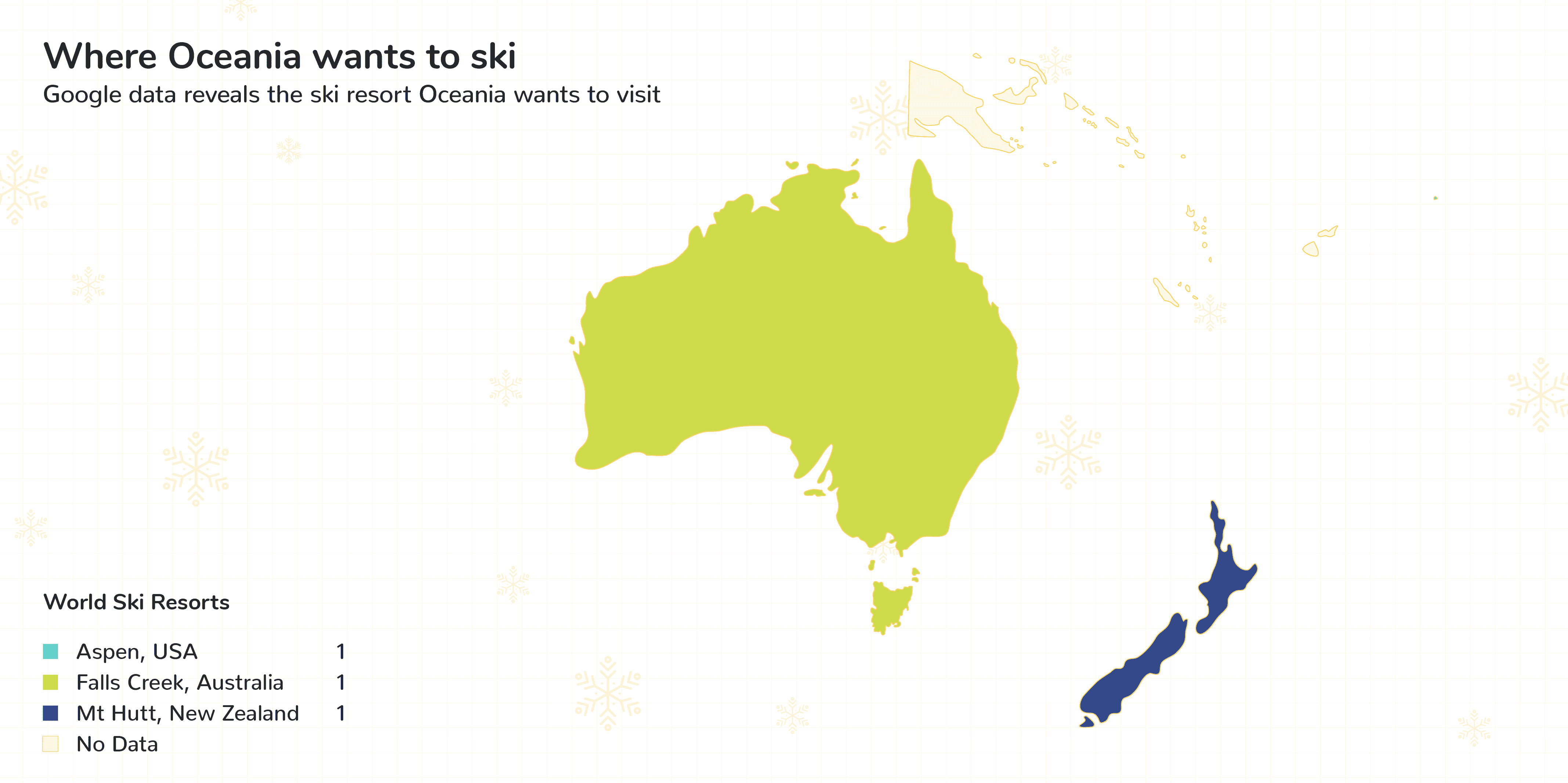 map of Oceania and where people want to ski the most