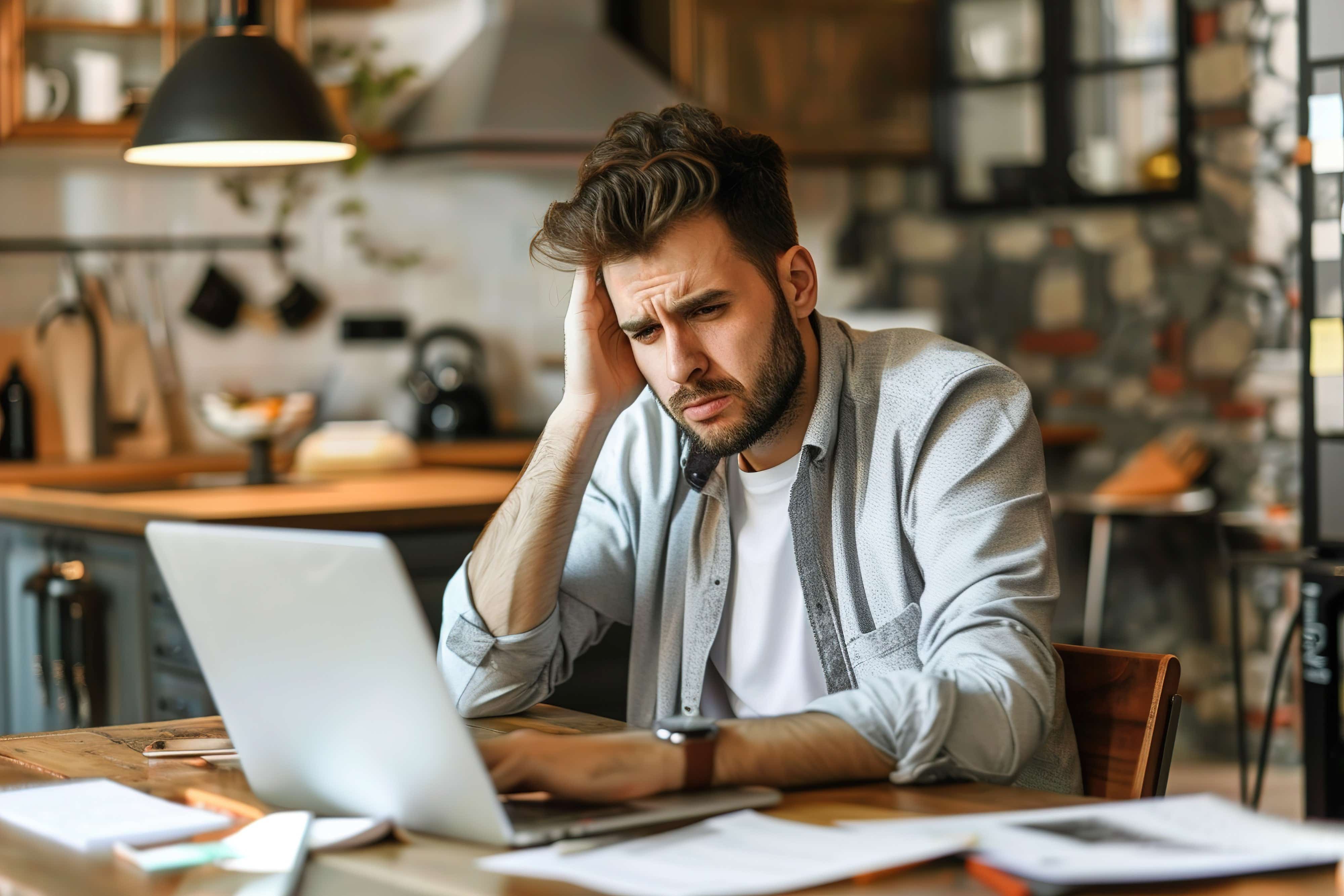 Troubled-looking man looks at his laptop while surrounded by paperwork.