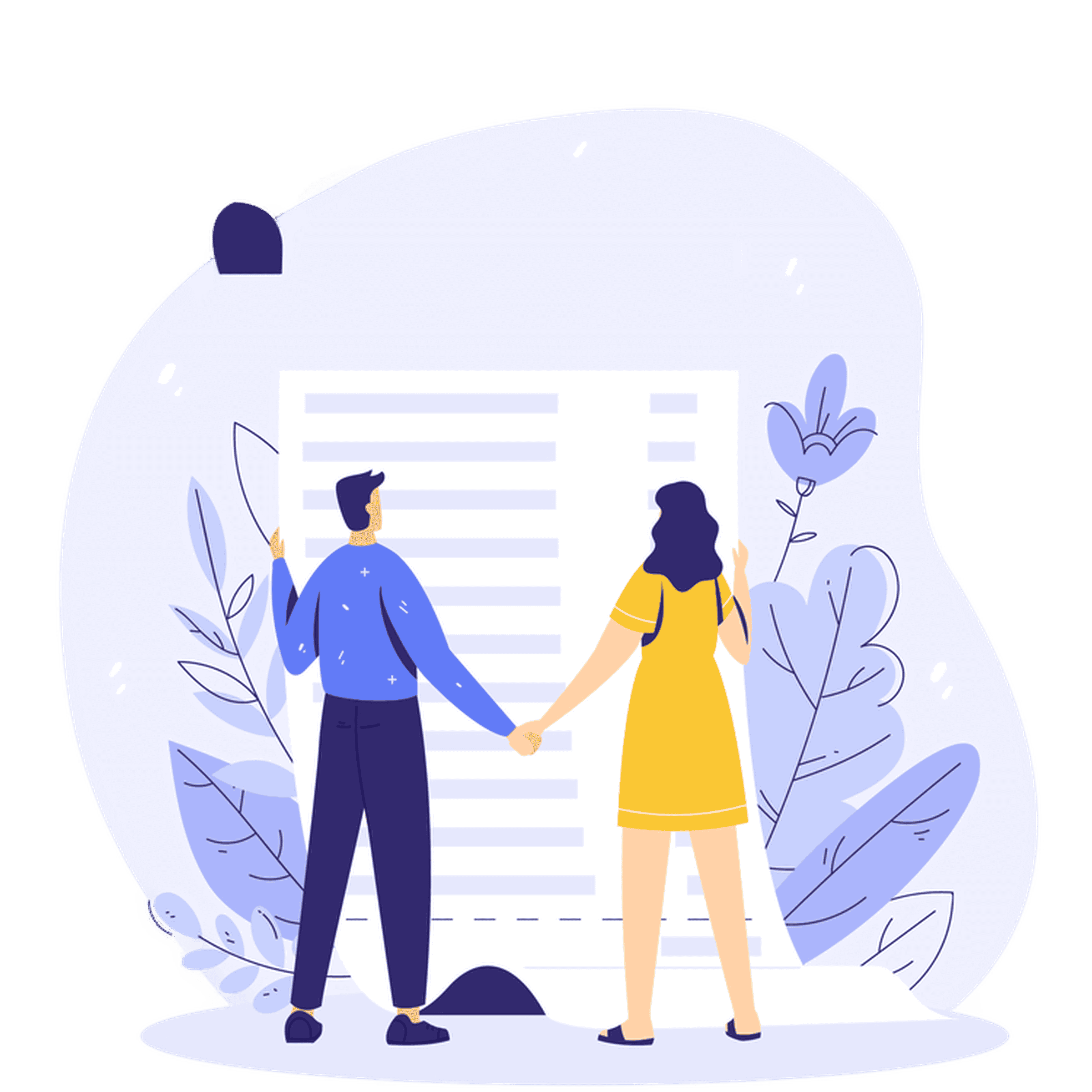 A couple looking at a document - prenup, bill, costs, receipt 