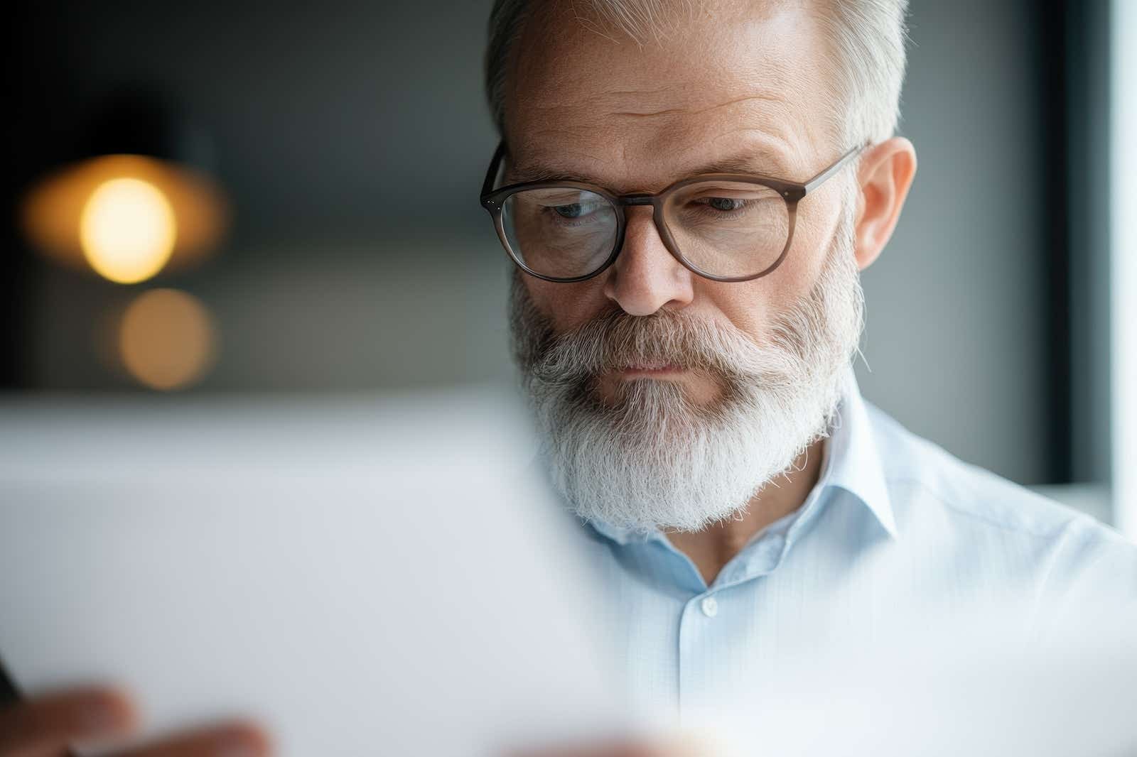 Older business man reviewing paperwork.