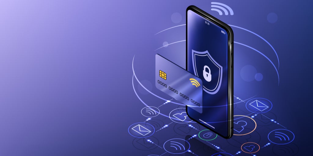 image of mobile phone with security animation and credit card