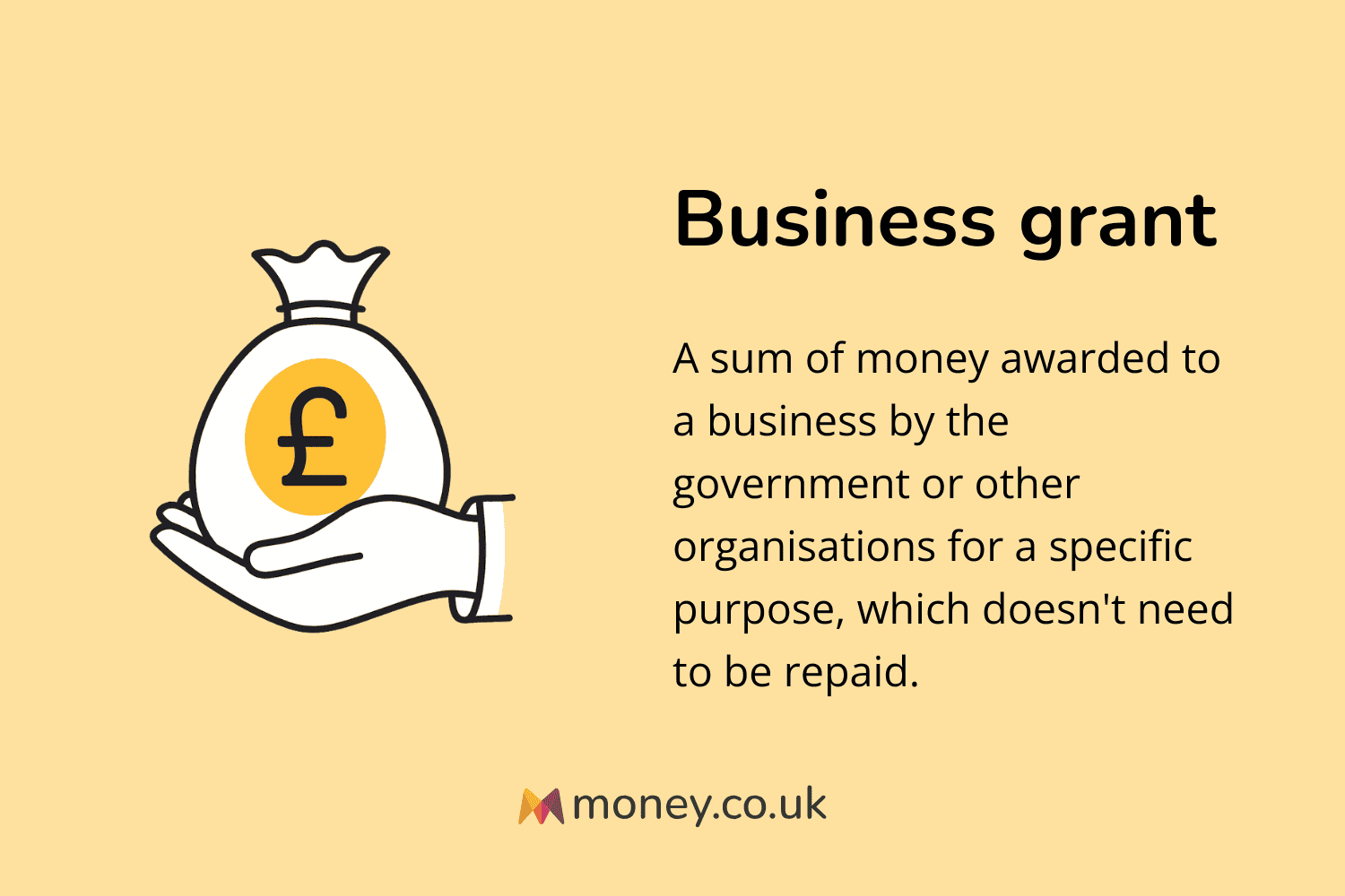 Infographic titled "Business grant" with an illustration of a hand holding a money bag with a pound sign. Definition: "A sum of money awarded to a business by the government or other organisations for a specific purpose, which doesn't need to be repaid."