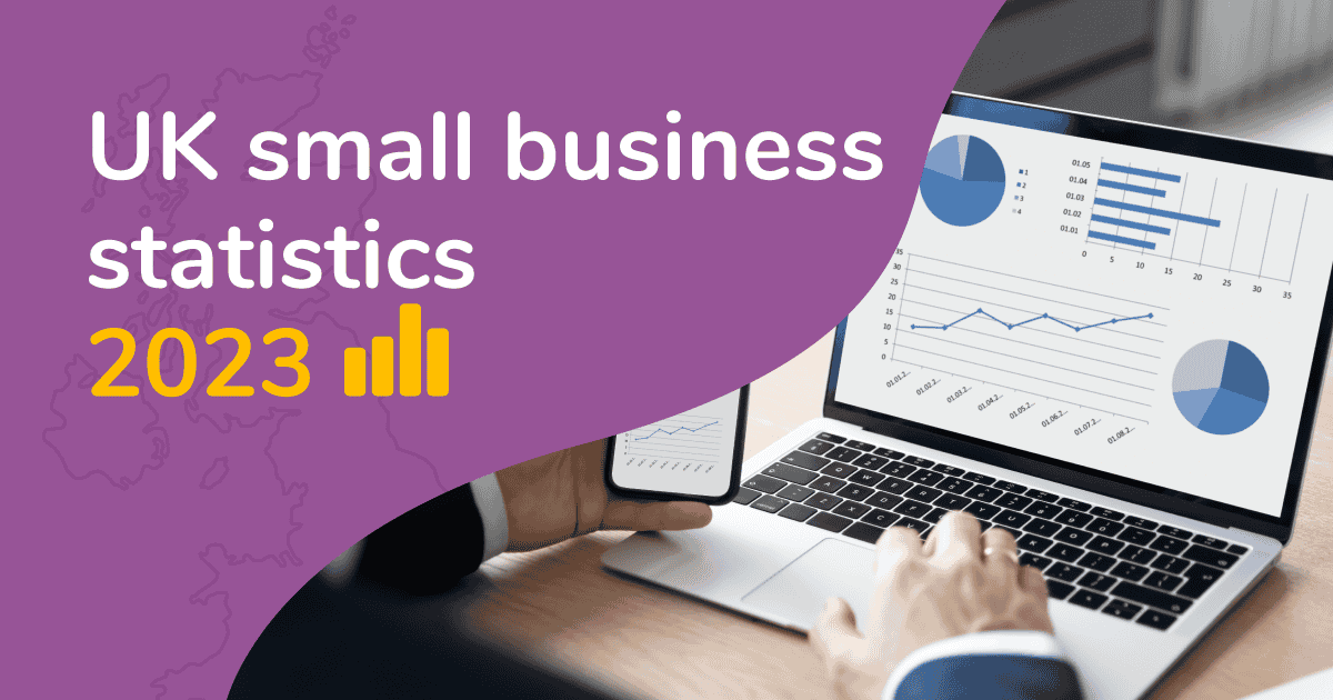 A picture of a laptop showing graphs and charts. The title "UK small business statistics 2023" is written over the top.