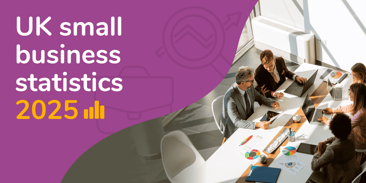 Feature image with the title UK small business statistics 2025 and a photo of a board meeting in an office
