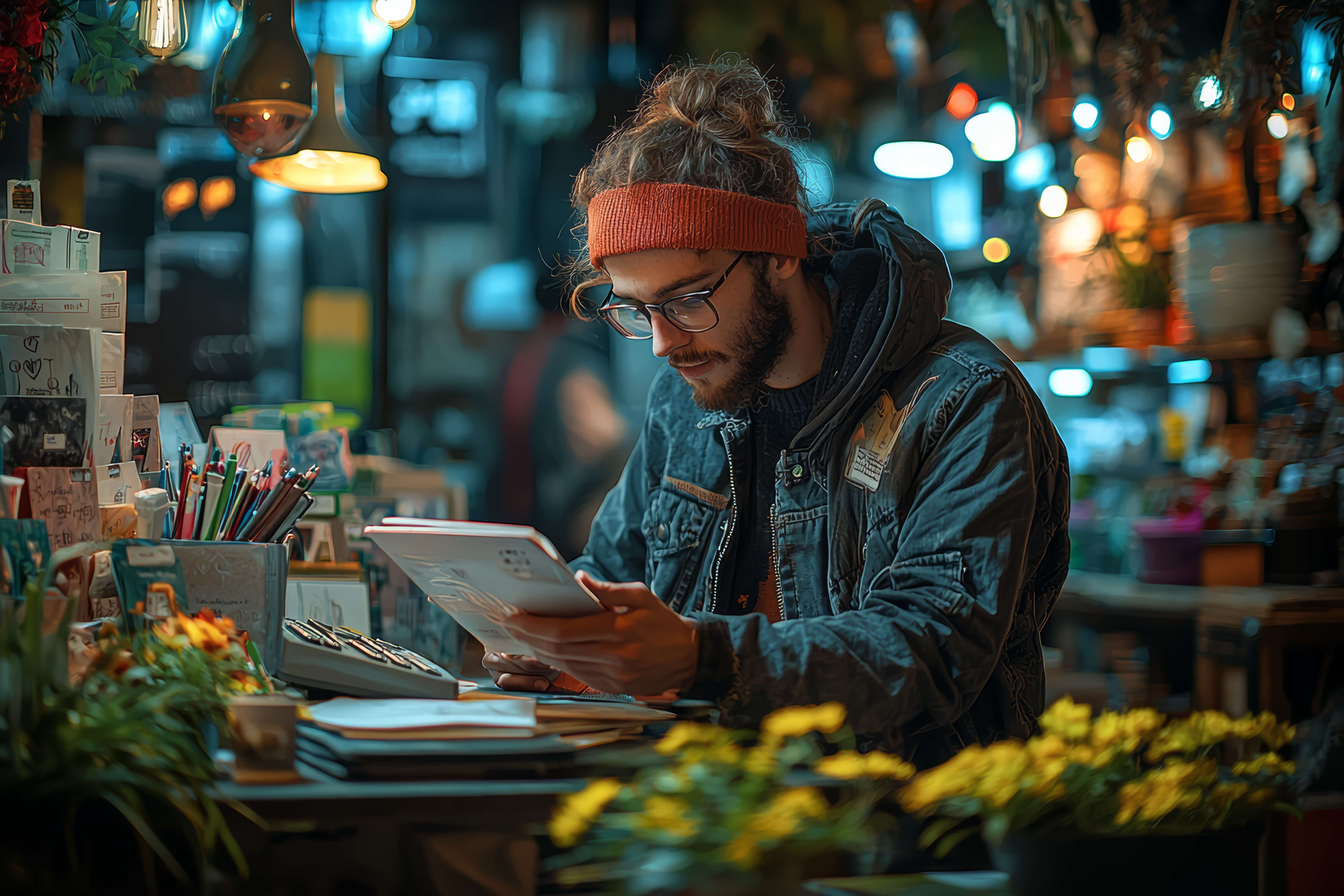 Florist shop owner working on their paperwork late in the evening. 