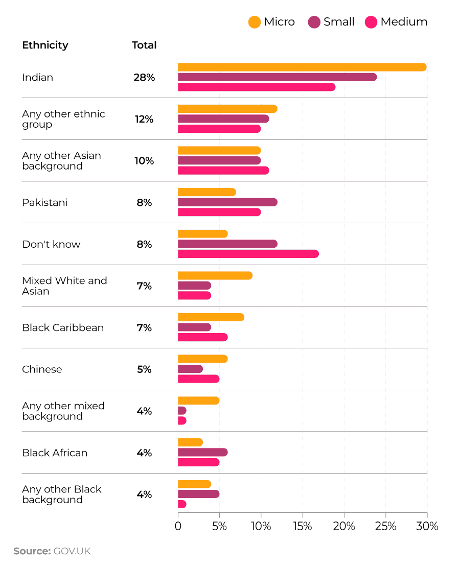 A bar chart showing the breakdown of the ethnicities of business leaders for micro, small, and medium sized businesses in the UK.