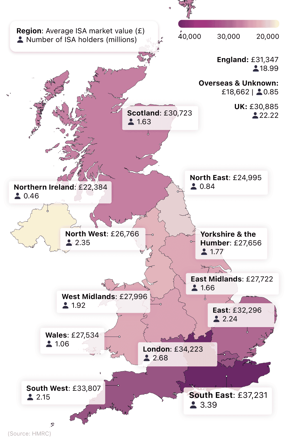 Map showing a breakdown of ISA holders by region