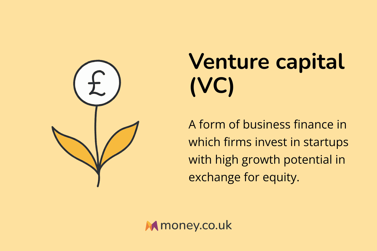 Infographic titled "Venture capital (VC)" with an illustration of a plant with a pound sign flower. Definition: "A form of business finance in which firms invest in startups with high growth potential in exchange for equity."