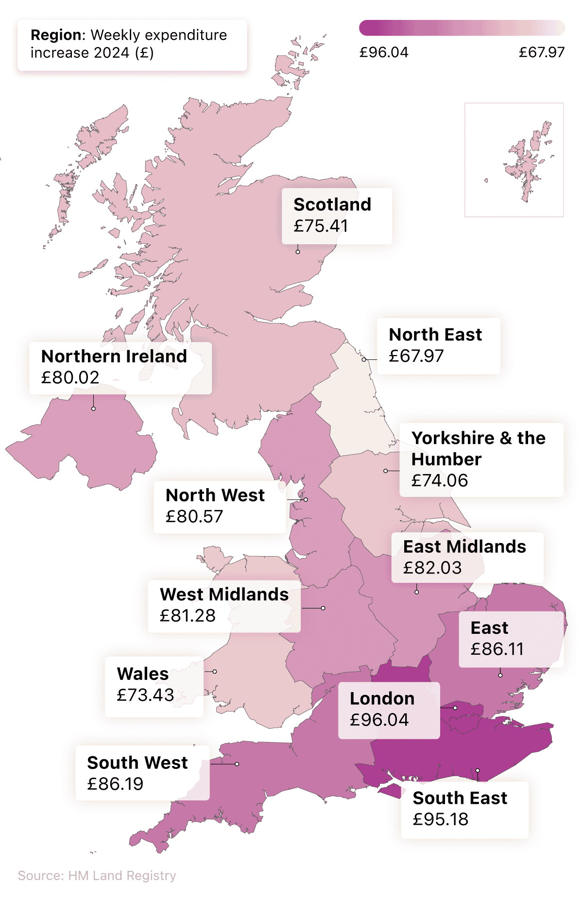 Map graphic showing the expected weekly expenditure increase in 2024 by region
