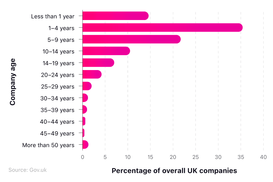 A horizontal bar chart breaking down the age profile of companies in the UK by percentage