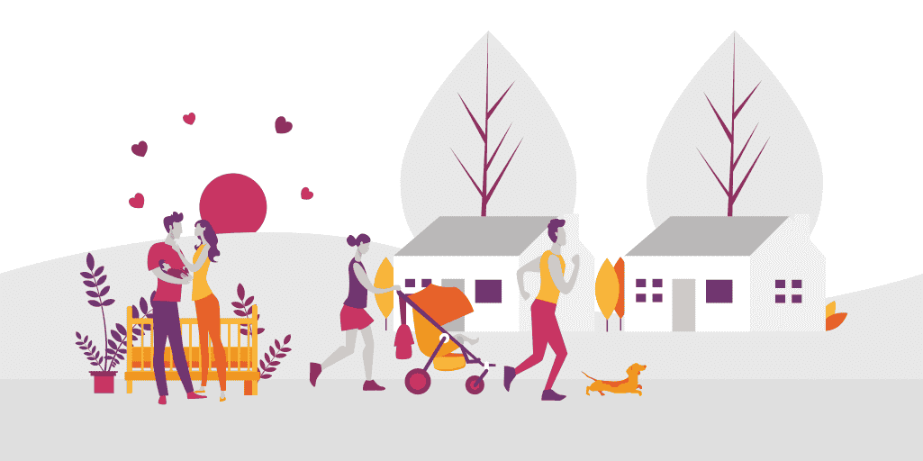 Illustration of two couples. One with a baby in their arms and one with a pram and a dog.