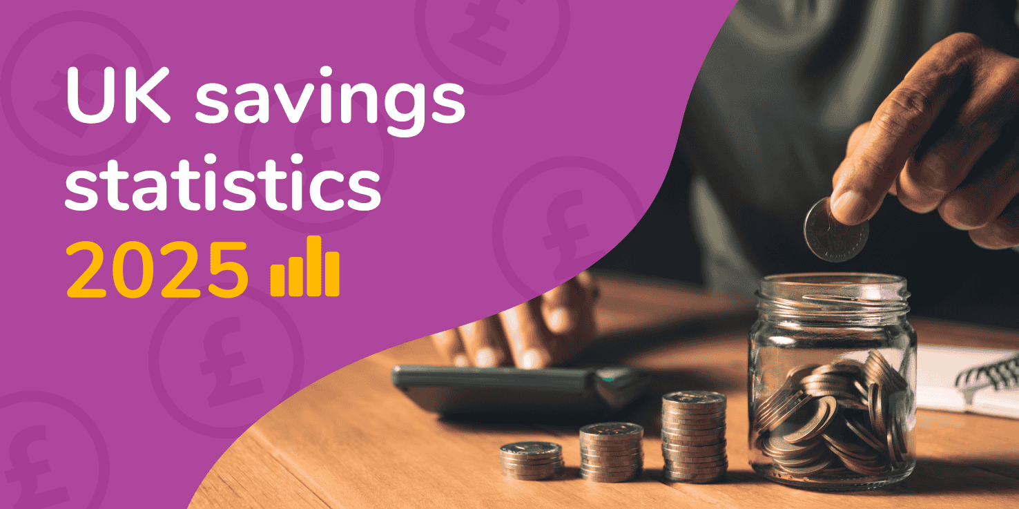 Feature image with the title 'UK savings statistics 2025' and a picture of someone putting money into a savings jar