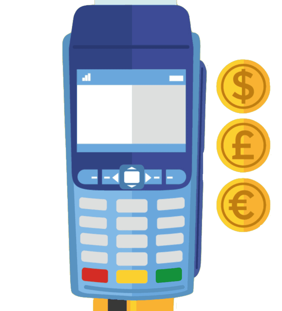 Person paying with a card, using a terminal, dollars, euros and pounds by the side