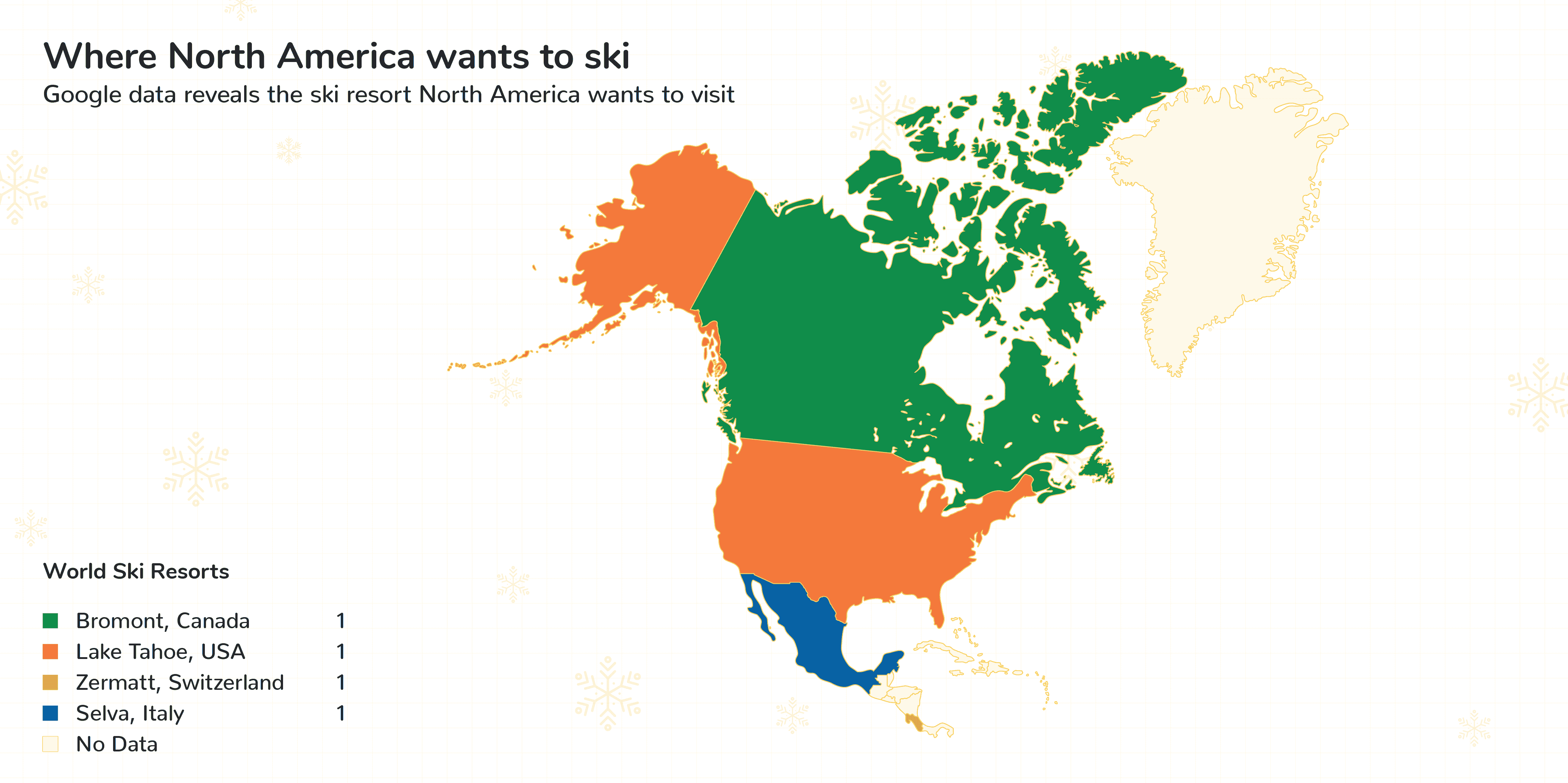 Map of north america and where people want to ski the most