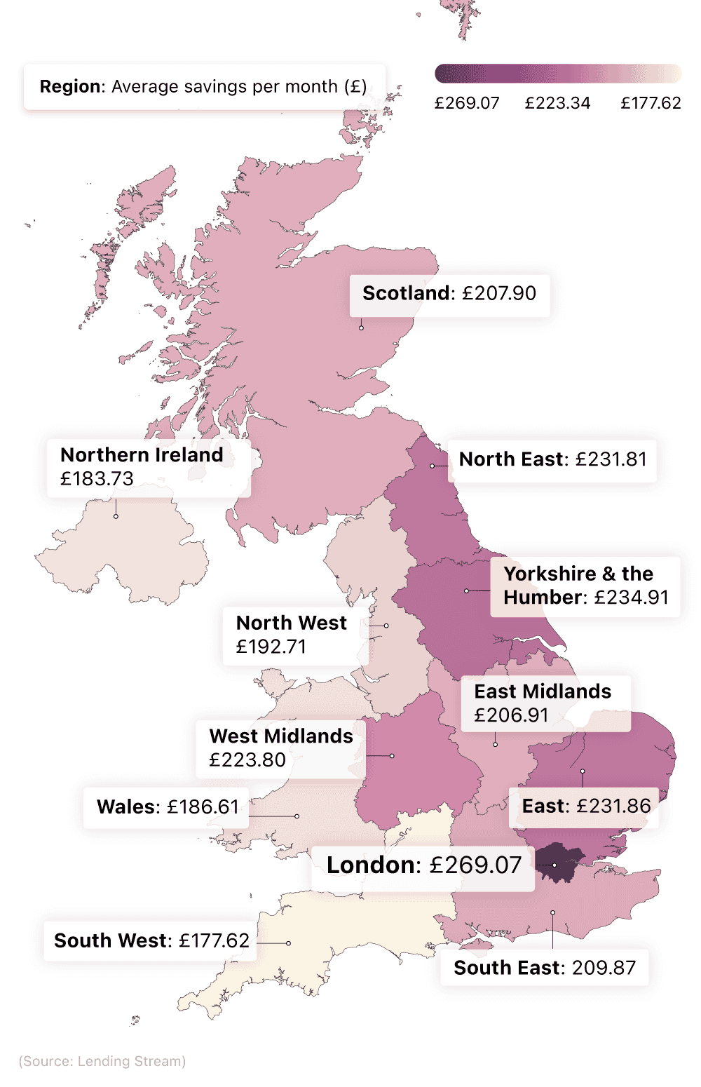 A map showing regional breakdown of the average annual savings in the UK by region