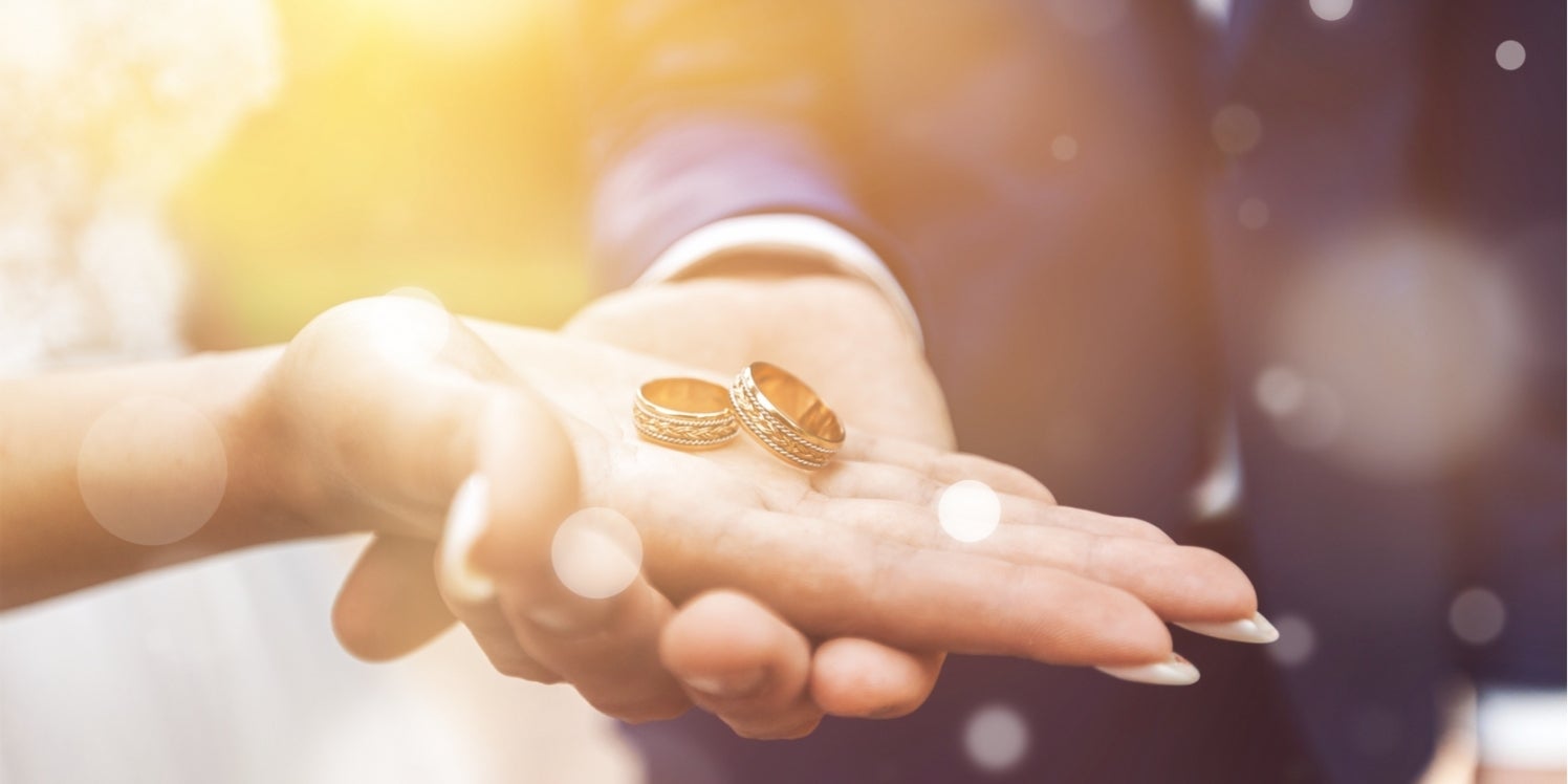 Wedding rings in bride and grooms hand
