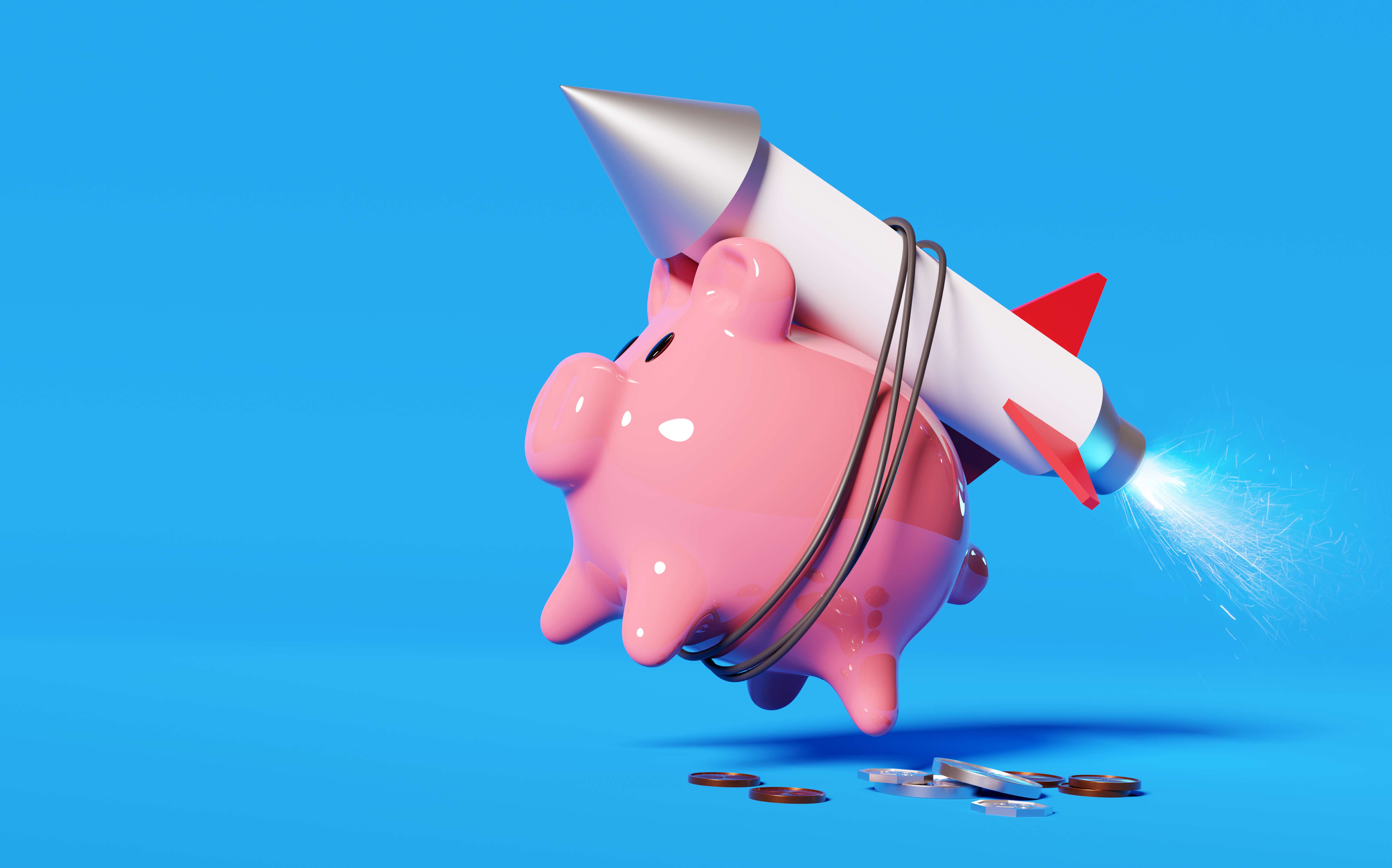 Super charging your savings. A pink piggy bank strapped to a rocket launching it into the air.