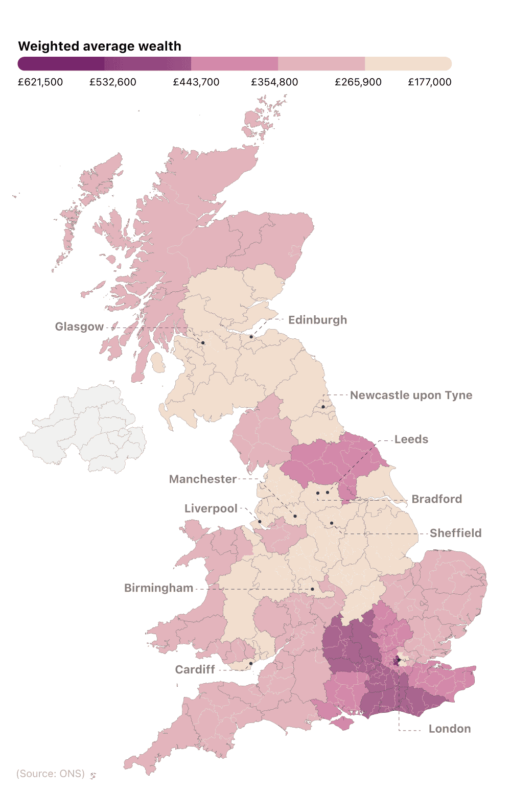 Map showing the weighted average of wealth by region