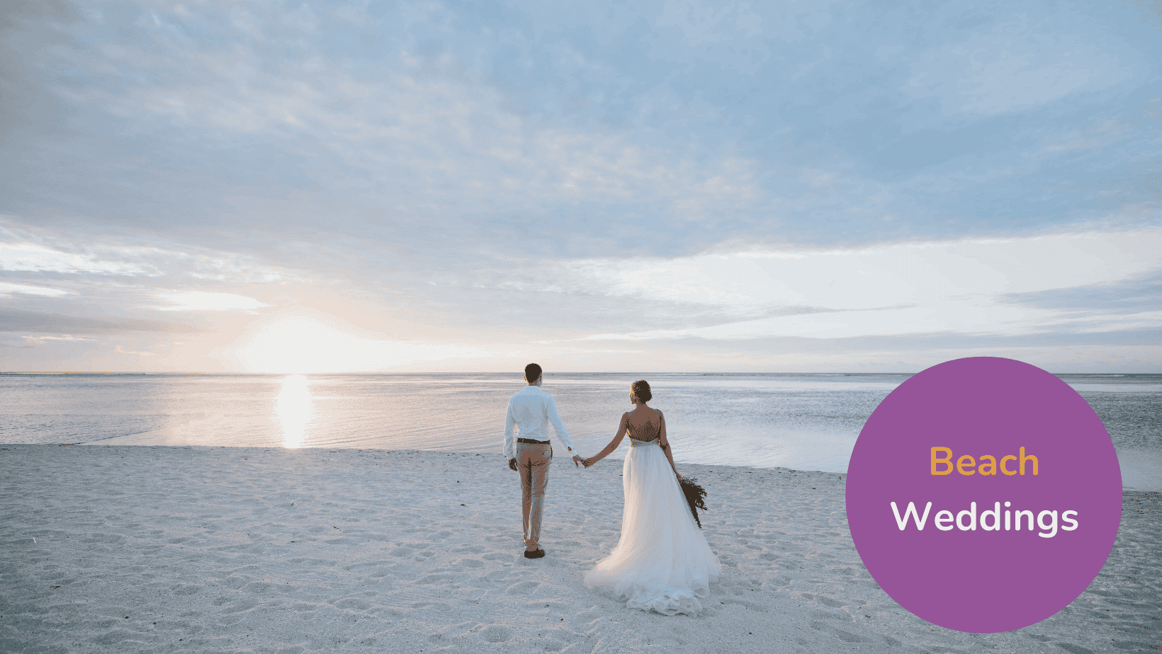 Beach Weddings graphic. Image of a couple on a beach gazing out to the ocean. The bride wears a white dress and the groom wears trousers and a white shirt. Text reads: Beach Weddings.