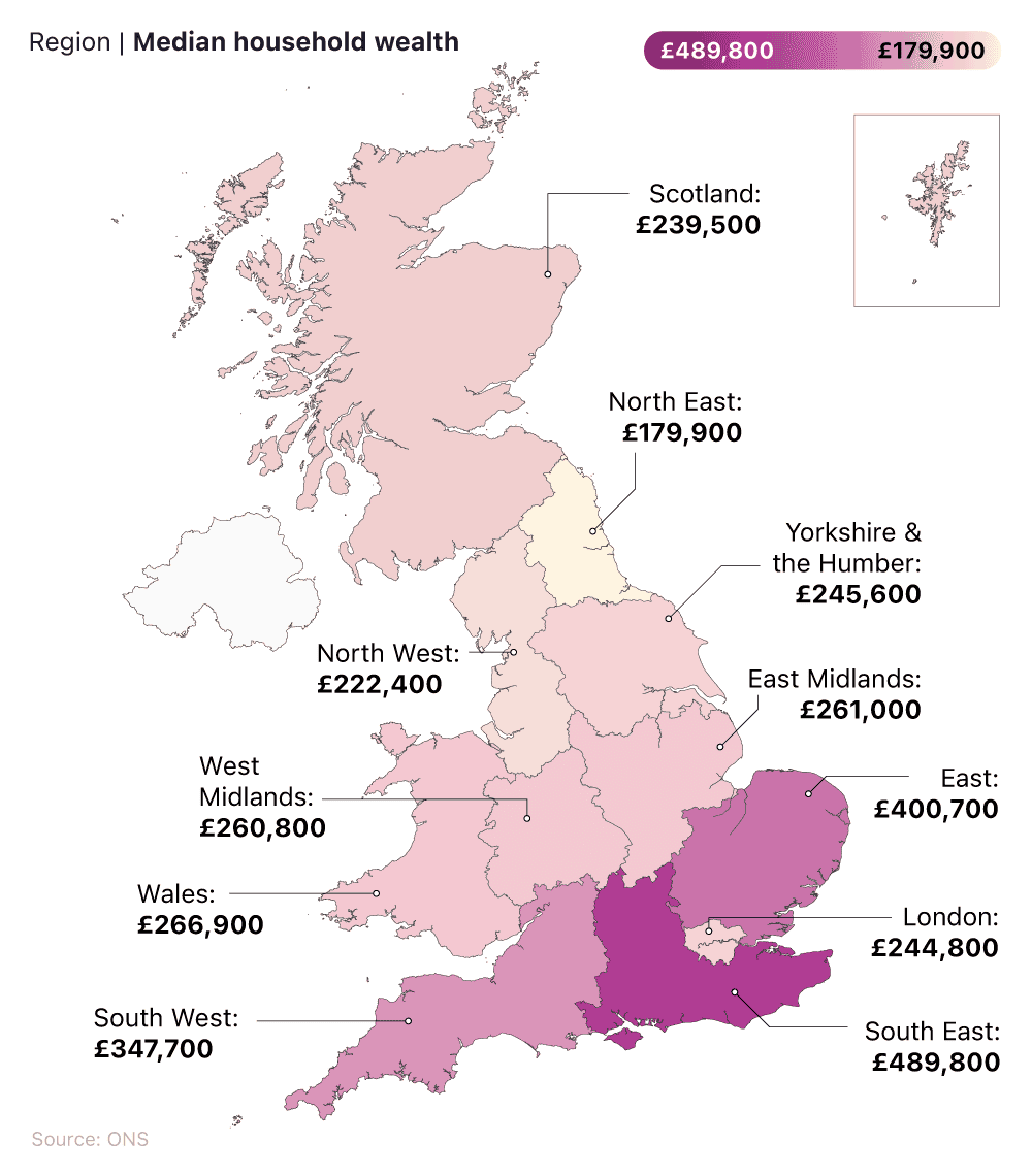 Map graphic showing the median household wealth of Great Britain, by region.