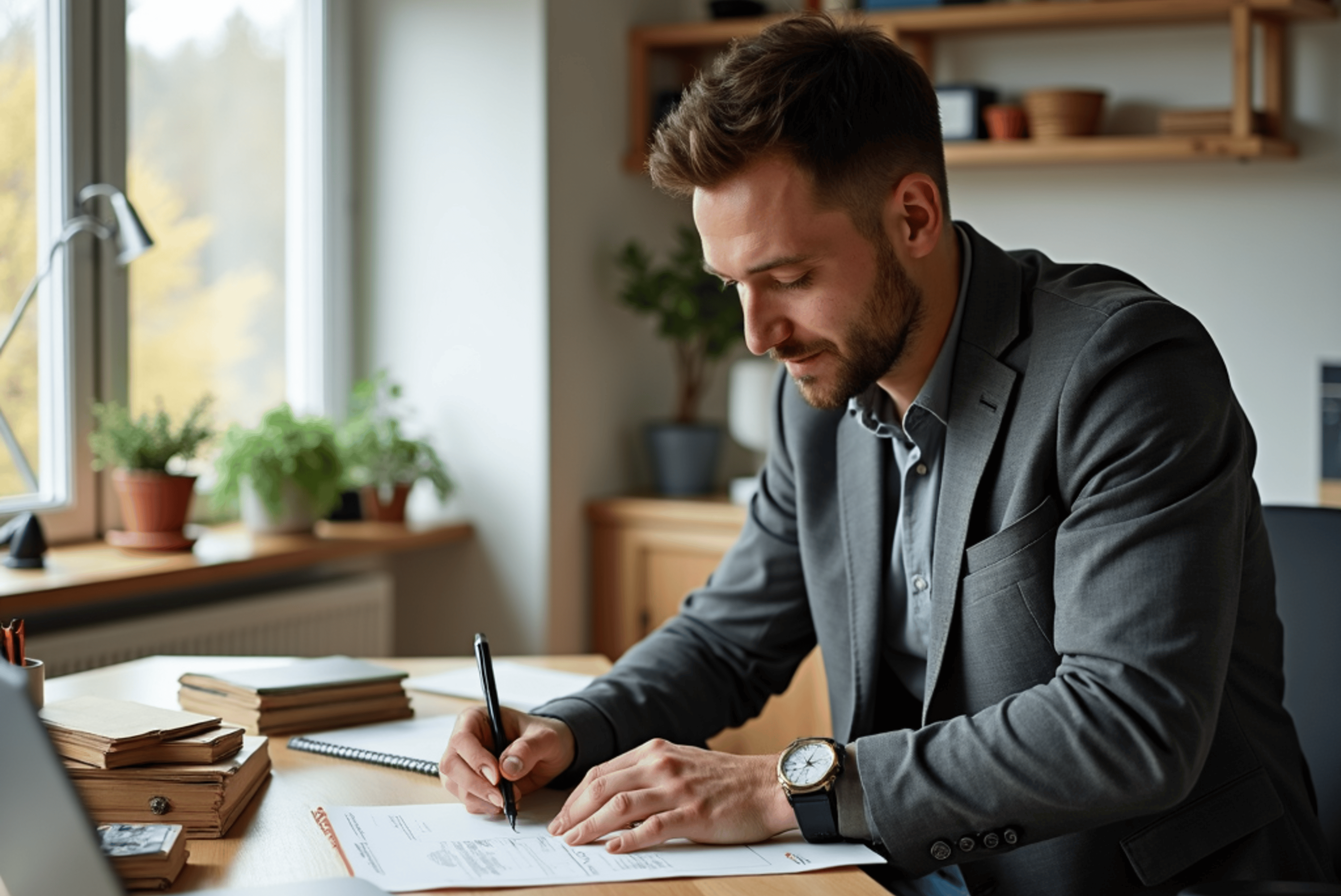Business owner sitting at a desk and writing on a paper.