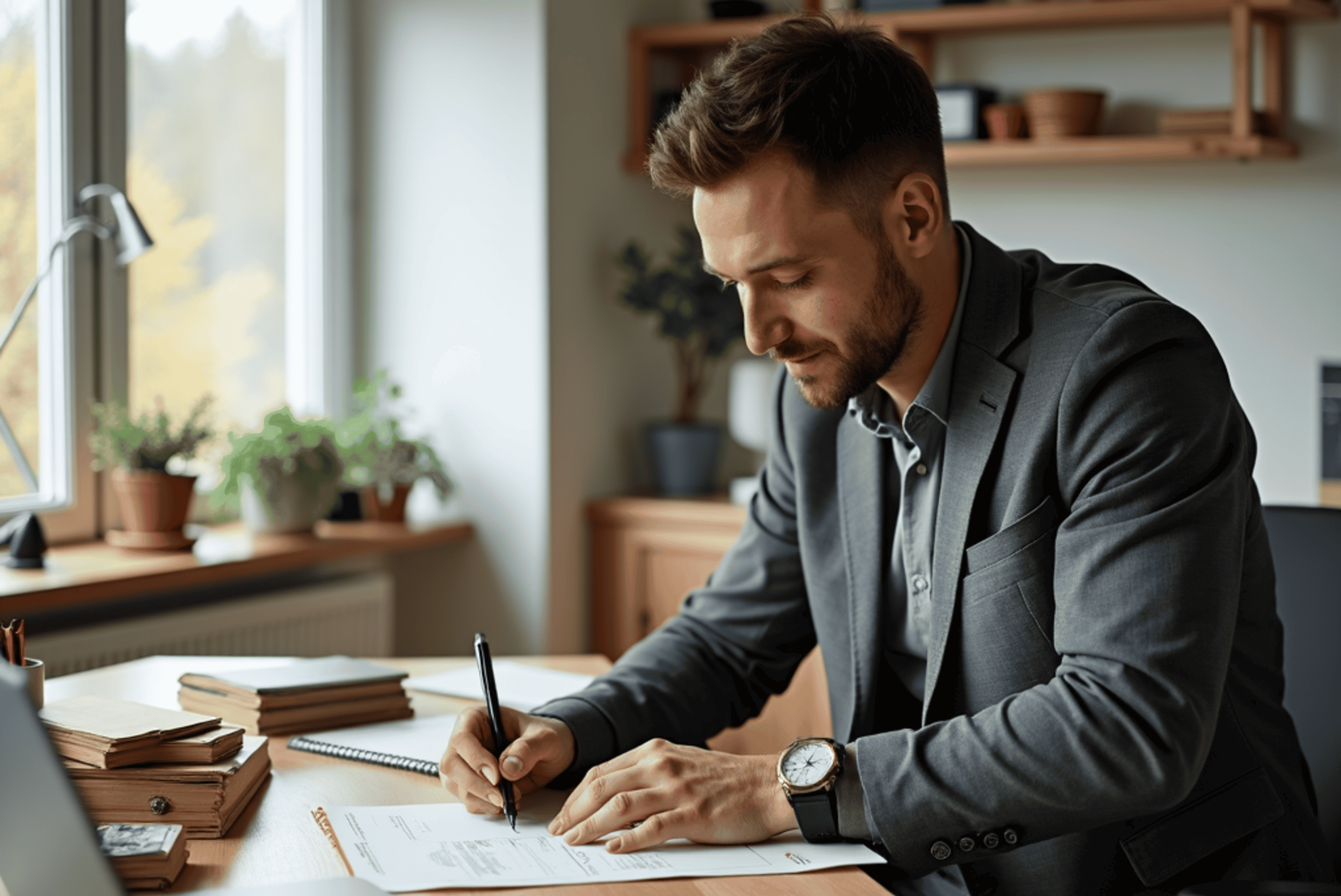 Business owner sitting at a desk and writing on a paper.