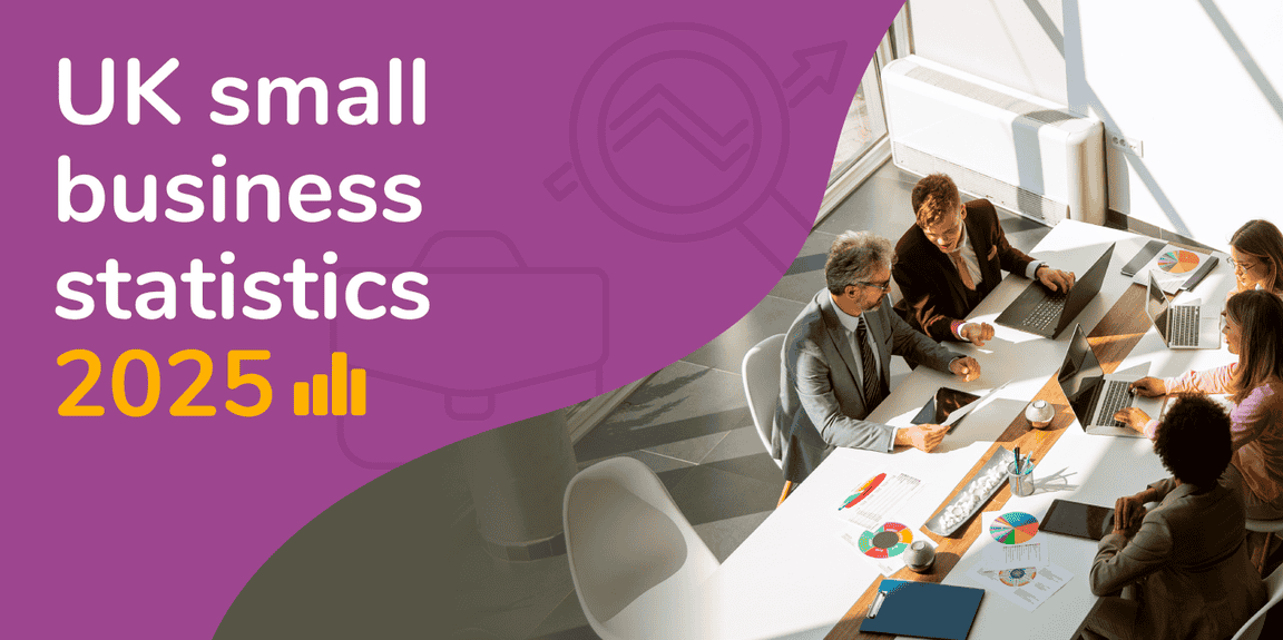 Feature image with the title UK small business statistics 2025 and a photo of a board meeting in an office.