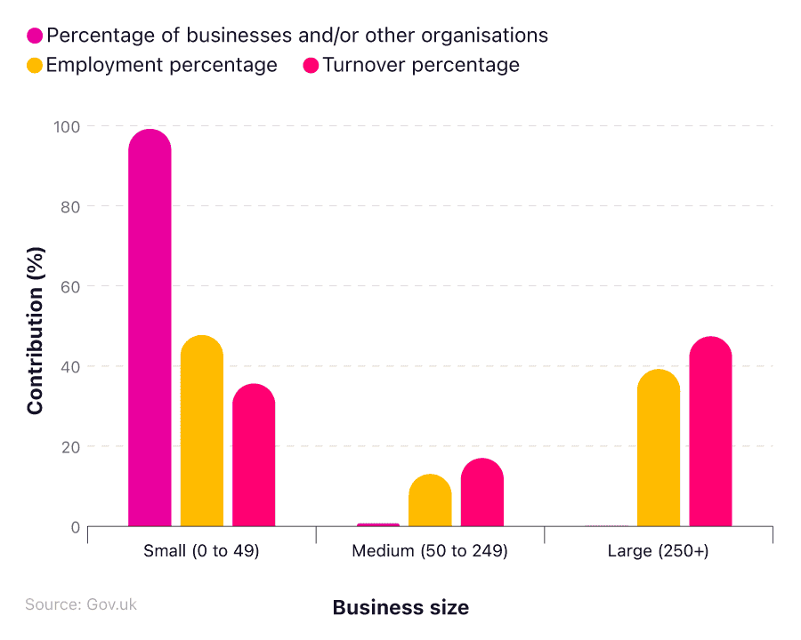 A comparative bar chart breaking down the percentage of UK businesses, employment, and turnover attributable to small, medium, and large businesses.