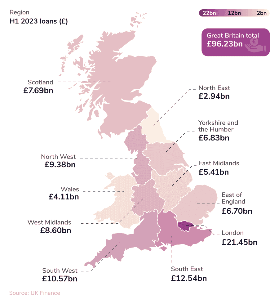  Shaded UK map showing the total outstanding value of business loans and overdrafts for Great Britain (GB) SMEs as of H1 2023
