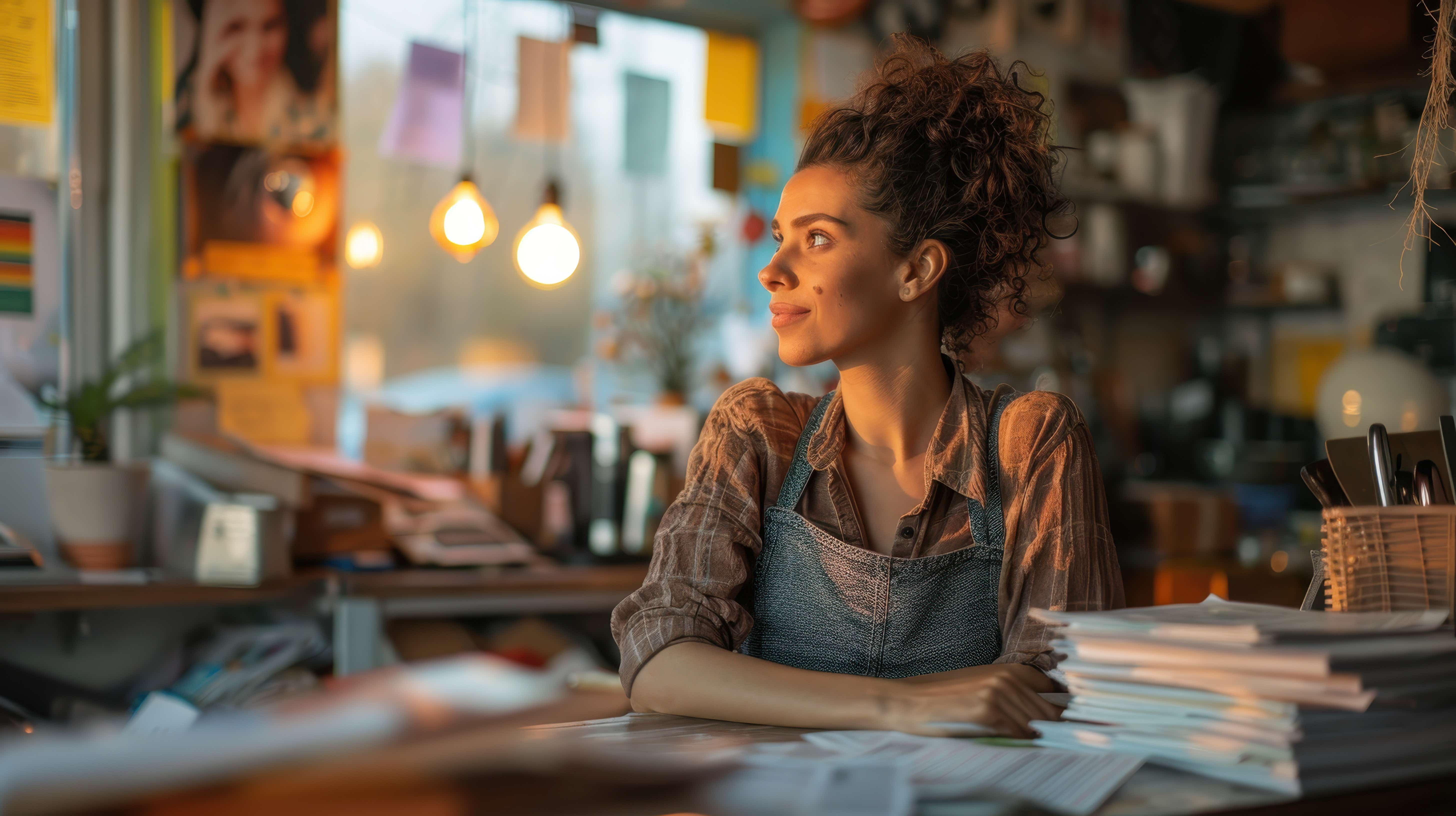 A craftswoman looks out of the window of her workshop and thinks about the future.