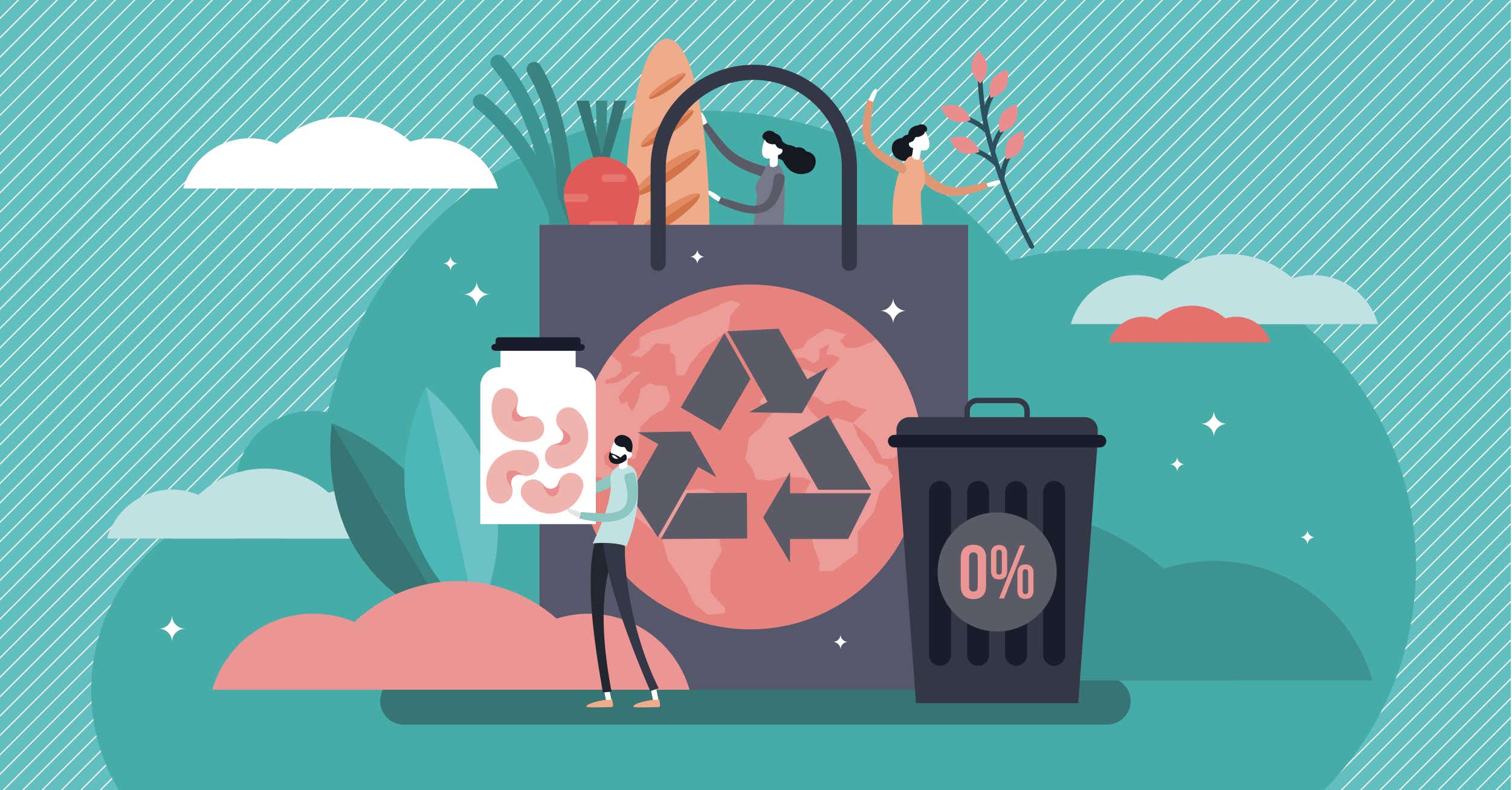 A graphic showing a large shopping bag with the recycling logo in centre, a rubbish bin with 0% annotated, and 3 people holding plastic-free food.