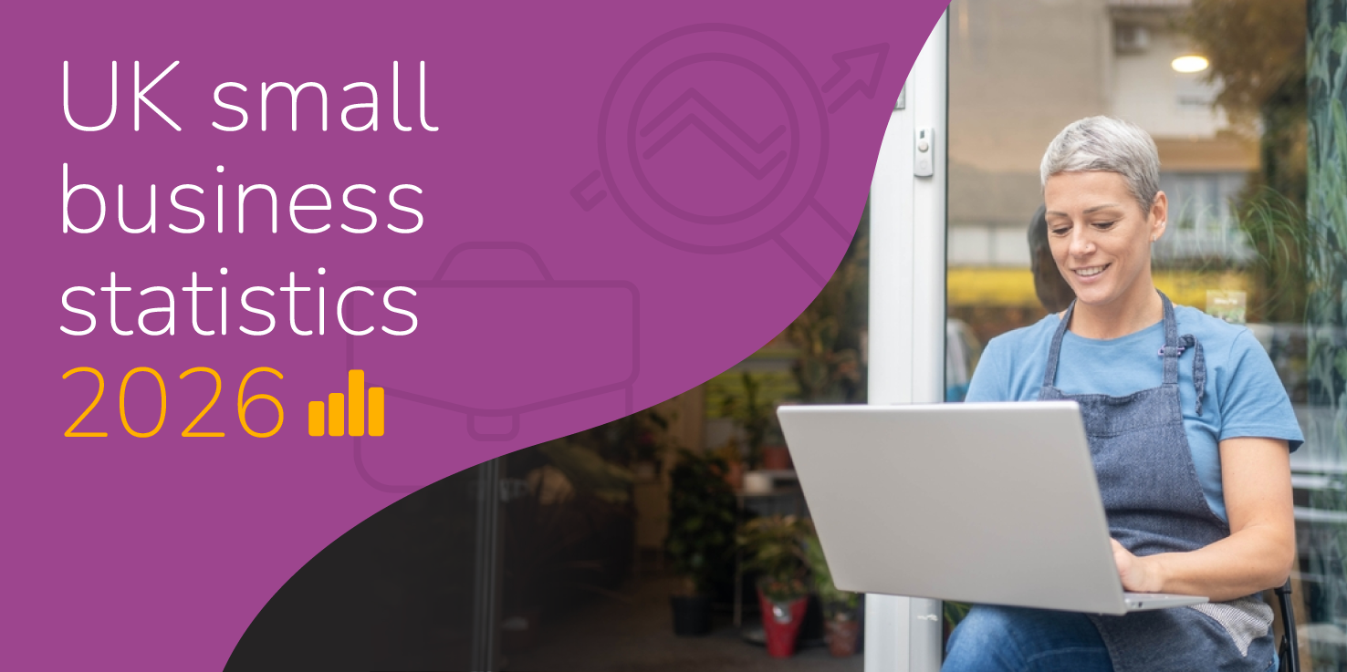 Feature image with the title 'UK small business statistics 2026' and a photo of a woman using a laptop.
