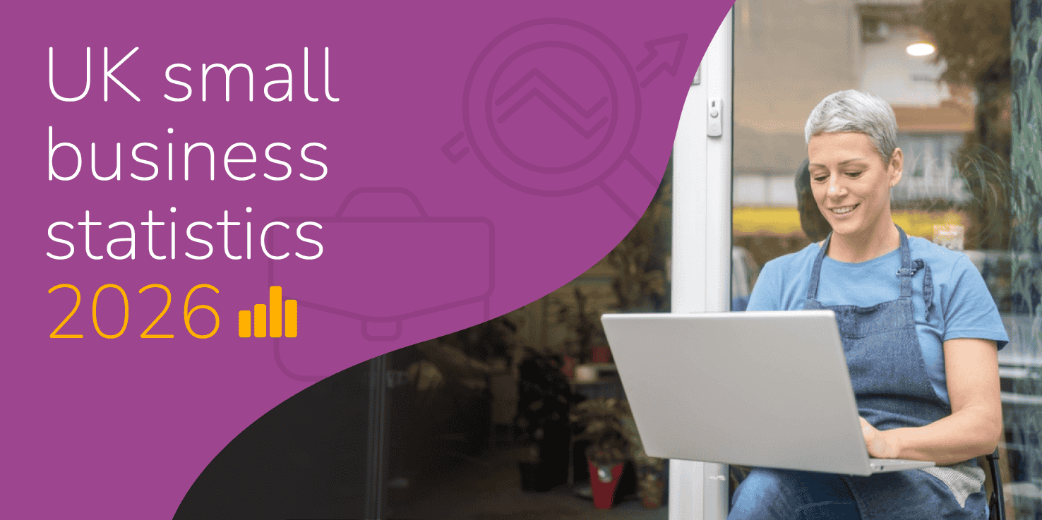 Feature image with the title 'UK small business statistics 2026' and a photo of a woman using a laptop.