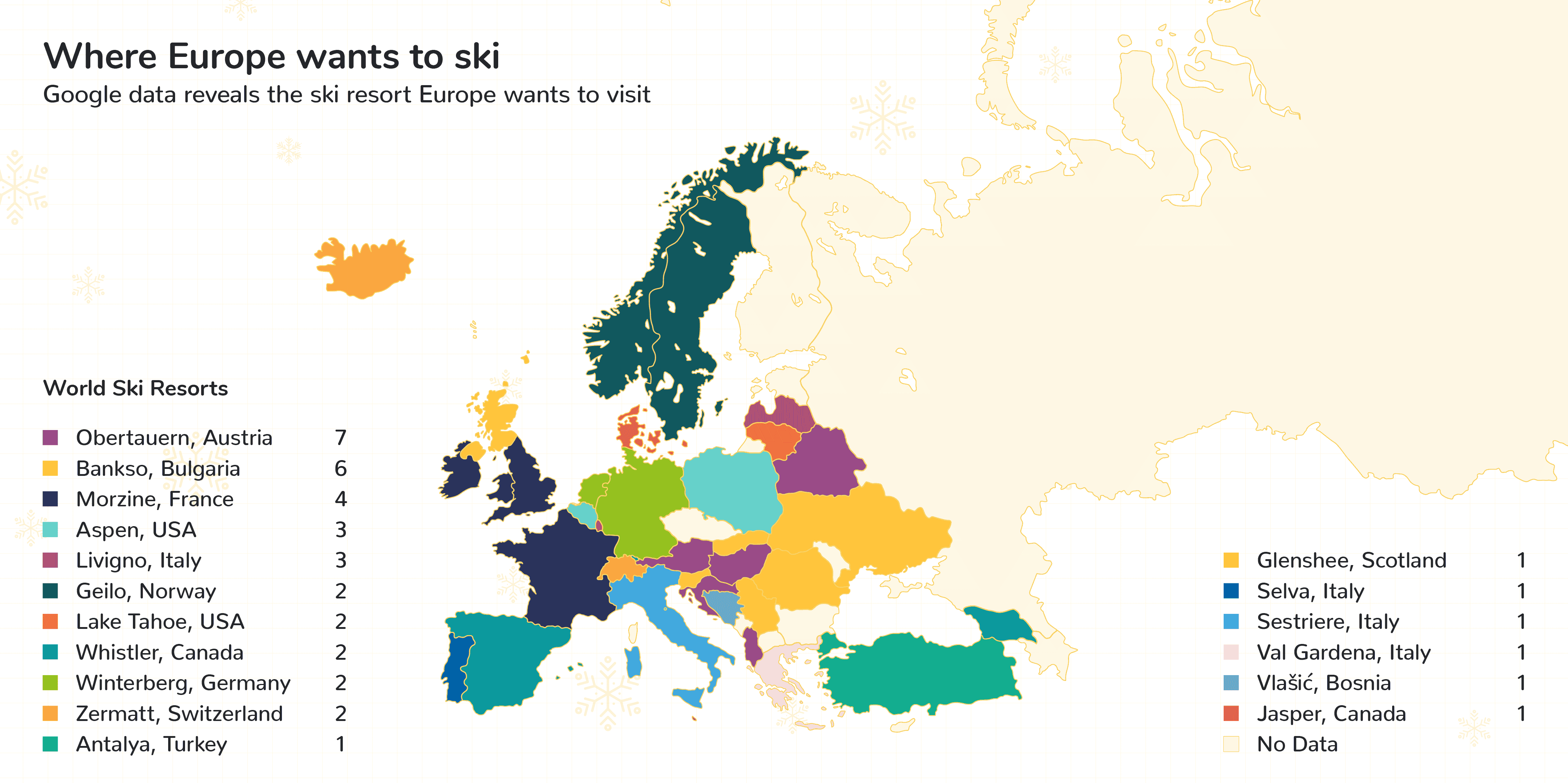 Graphic/ map of europe and where it wants to ski the most