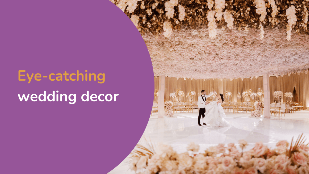 Feature image conatining a married couple having their first dance surrounded by flowers with the overlay 'Eye catching wedding decor'