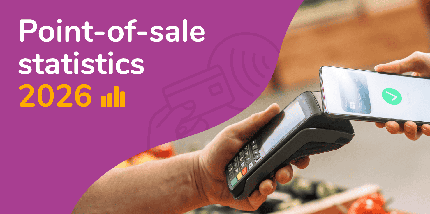 Feature image with the title 'Point-of-sale statistics 2026' and an image of someone using a POS terminal via their mobile