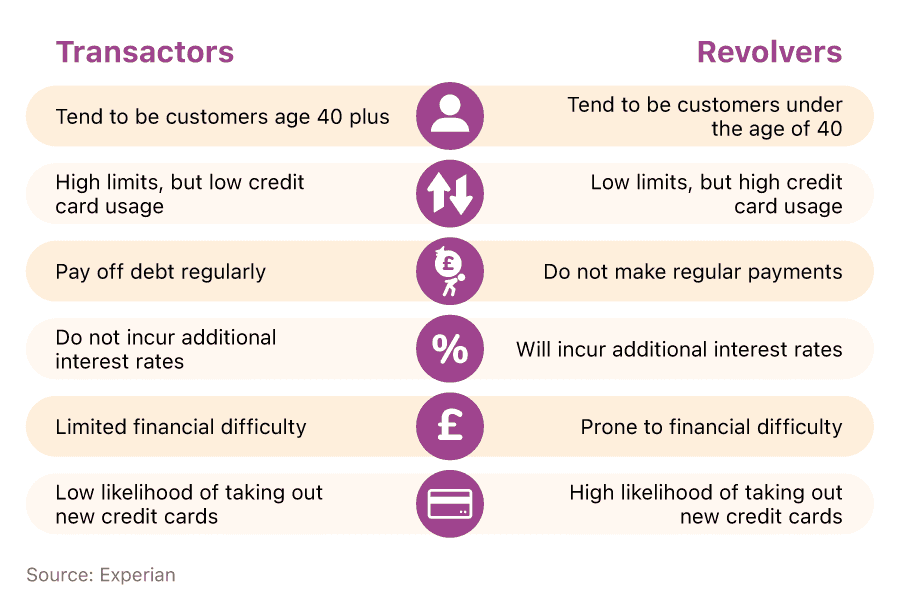 Infographic style table showing the characteristics of different types of credit card users