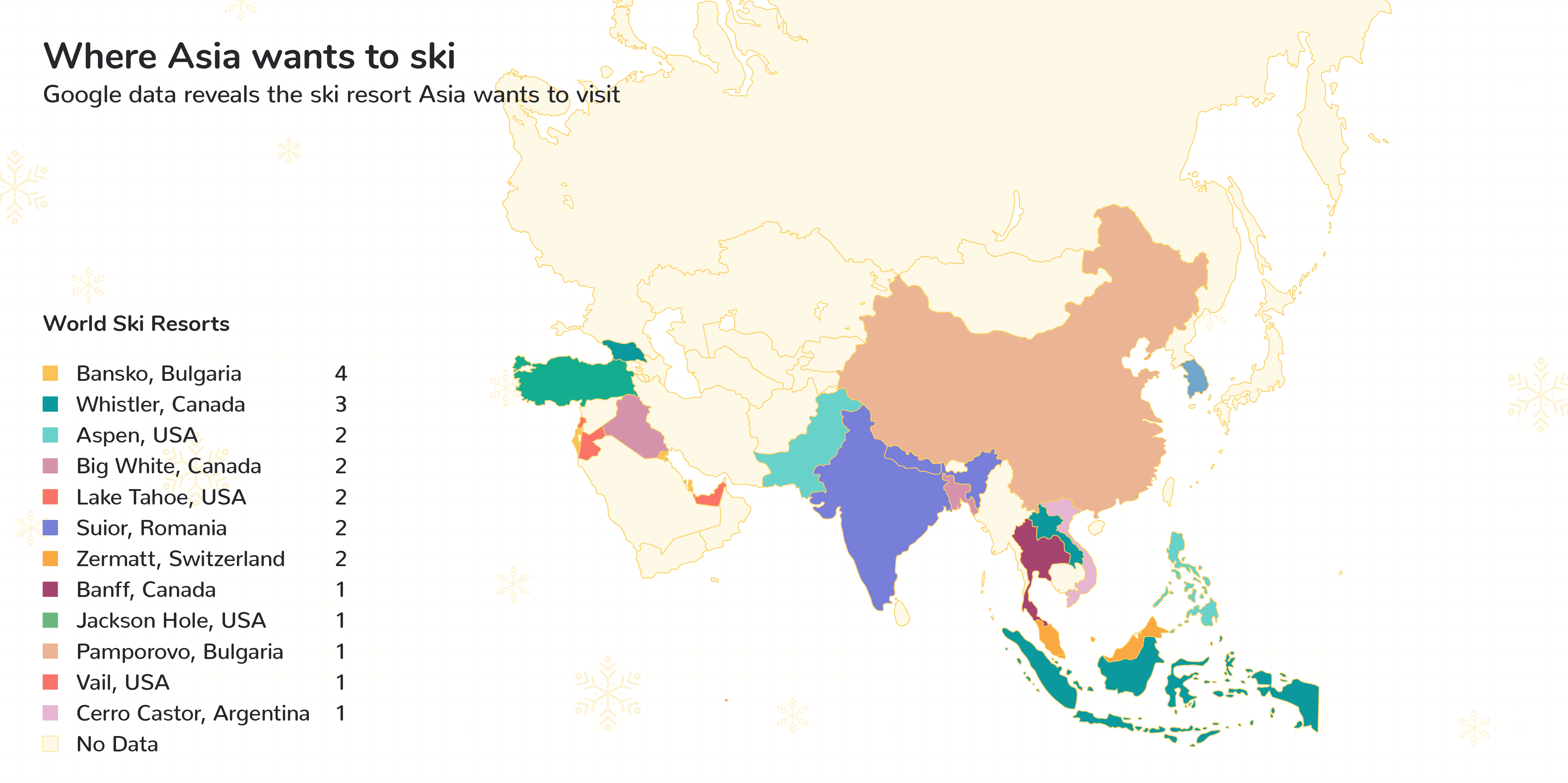 map of asia and where people want to ski the most