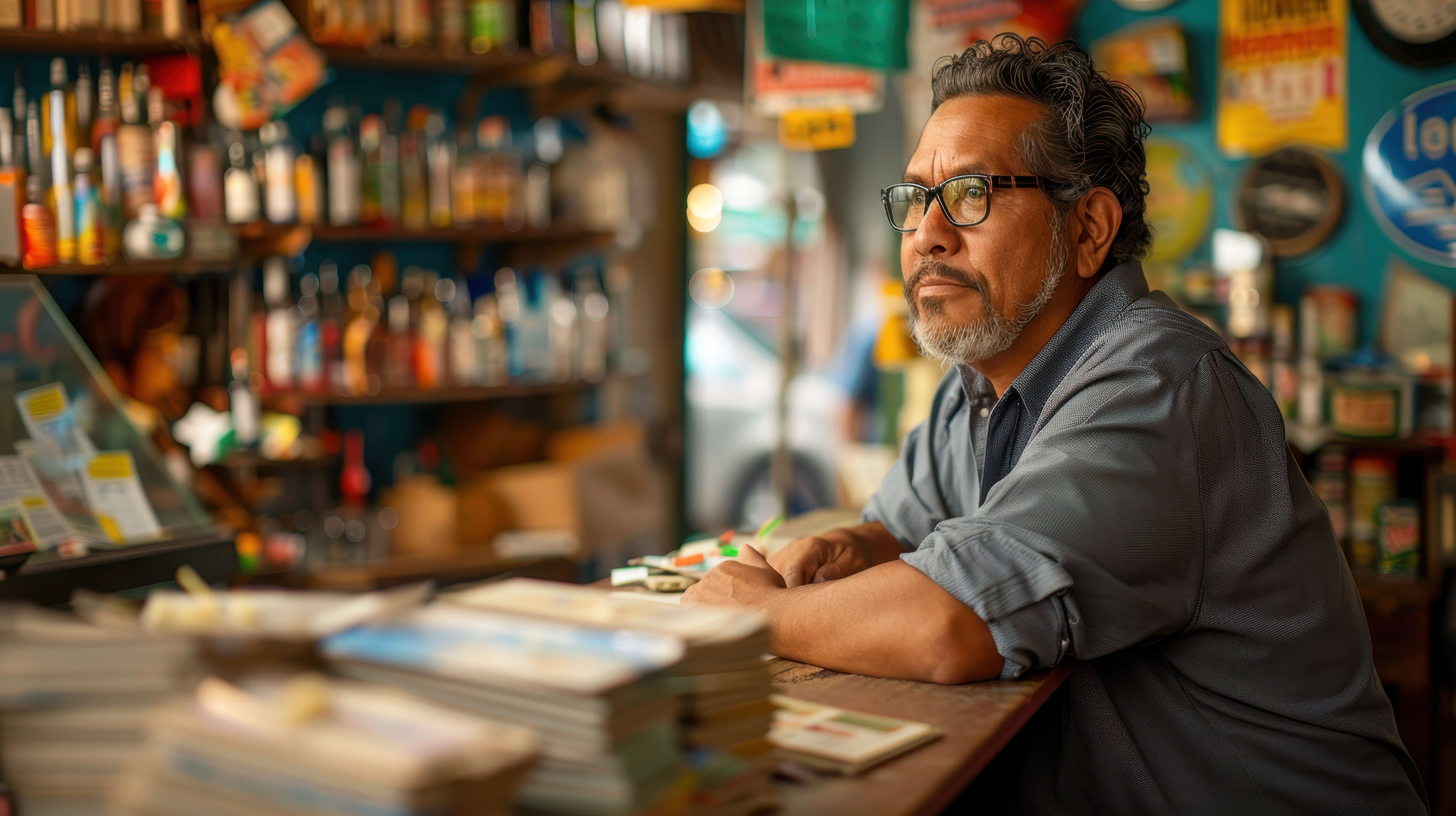 Shopkeeper behind his counter ponders his business opportunities.